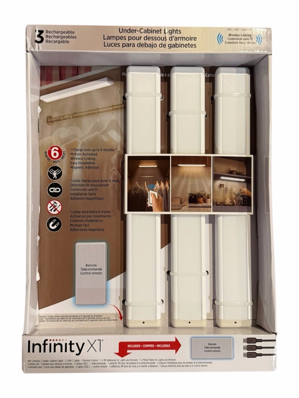 Infinity X1 3-Pack Rechargeable Under-Cabinet Lights NIB -Wireless Motion Sensor